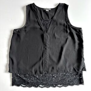Suzy Shier Black Sleeveless Layered Top with Lace Hem, Size Large